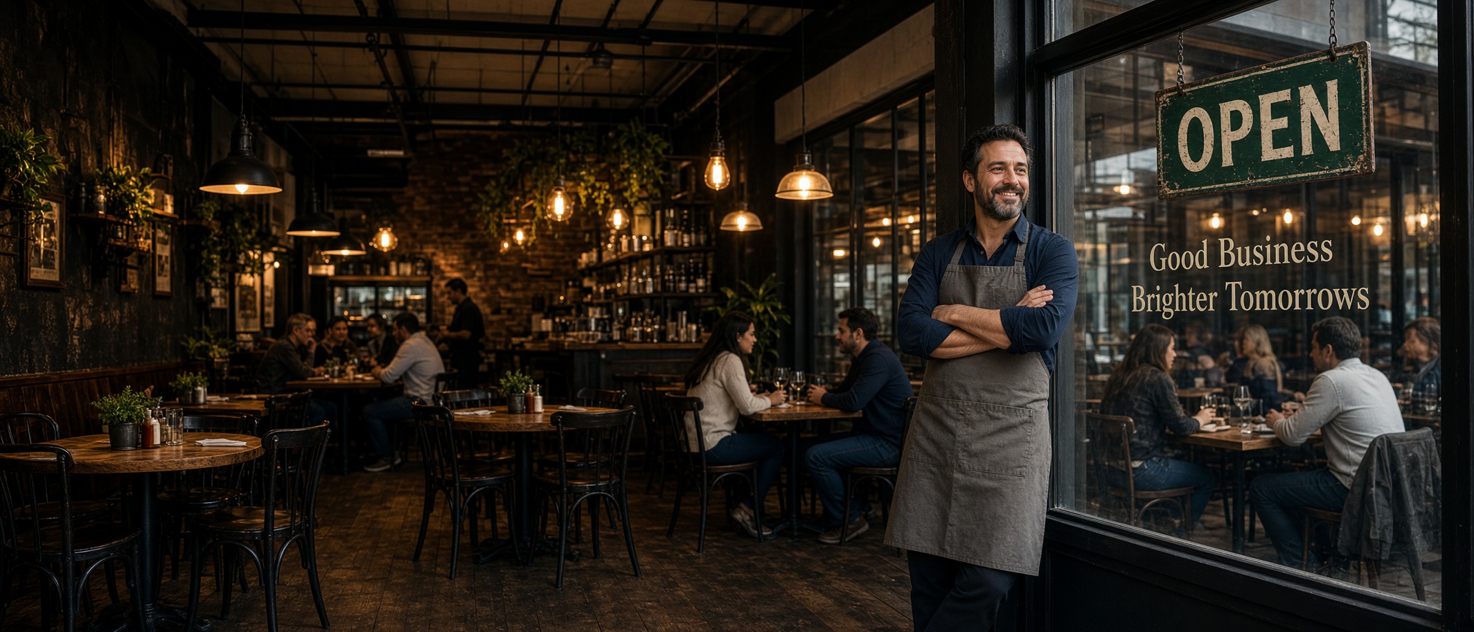 A restaurant owner stands beside an OPEN sign in a busy dining room. The person shown is not a Blue Vanguard client.