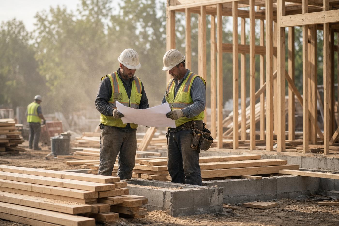 A construction crew works on a framing site in daylight. The people shown are not Blue Vanguard clients.