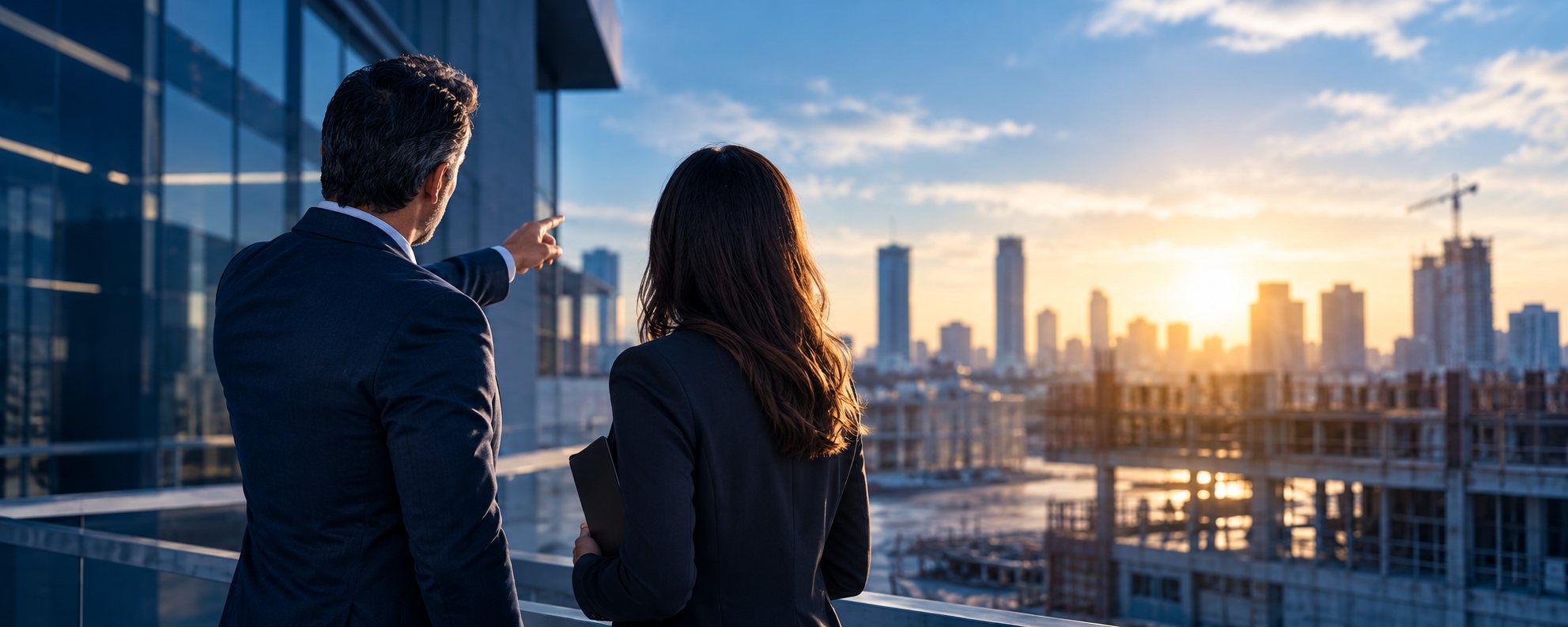 Two business professionals look from a balcony toward a city and an active construction site. They are not Blue Vanguard clients, partners, employees, or a documented result.