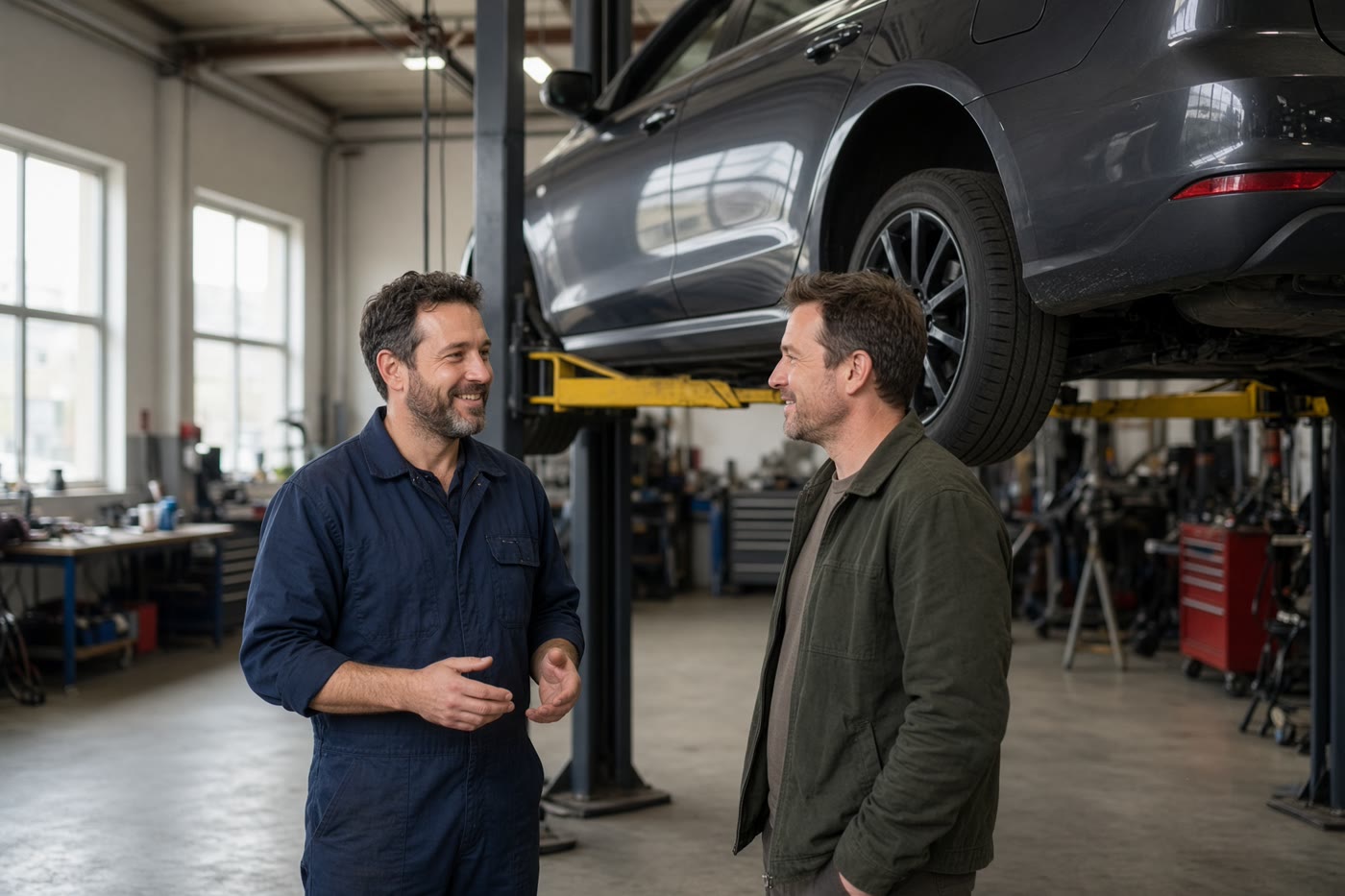 A mechanic talking with a customer beside a car on a lift. Temporary photograph. Not a client, testimonial, or case result.