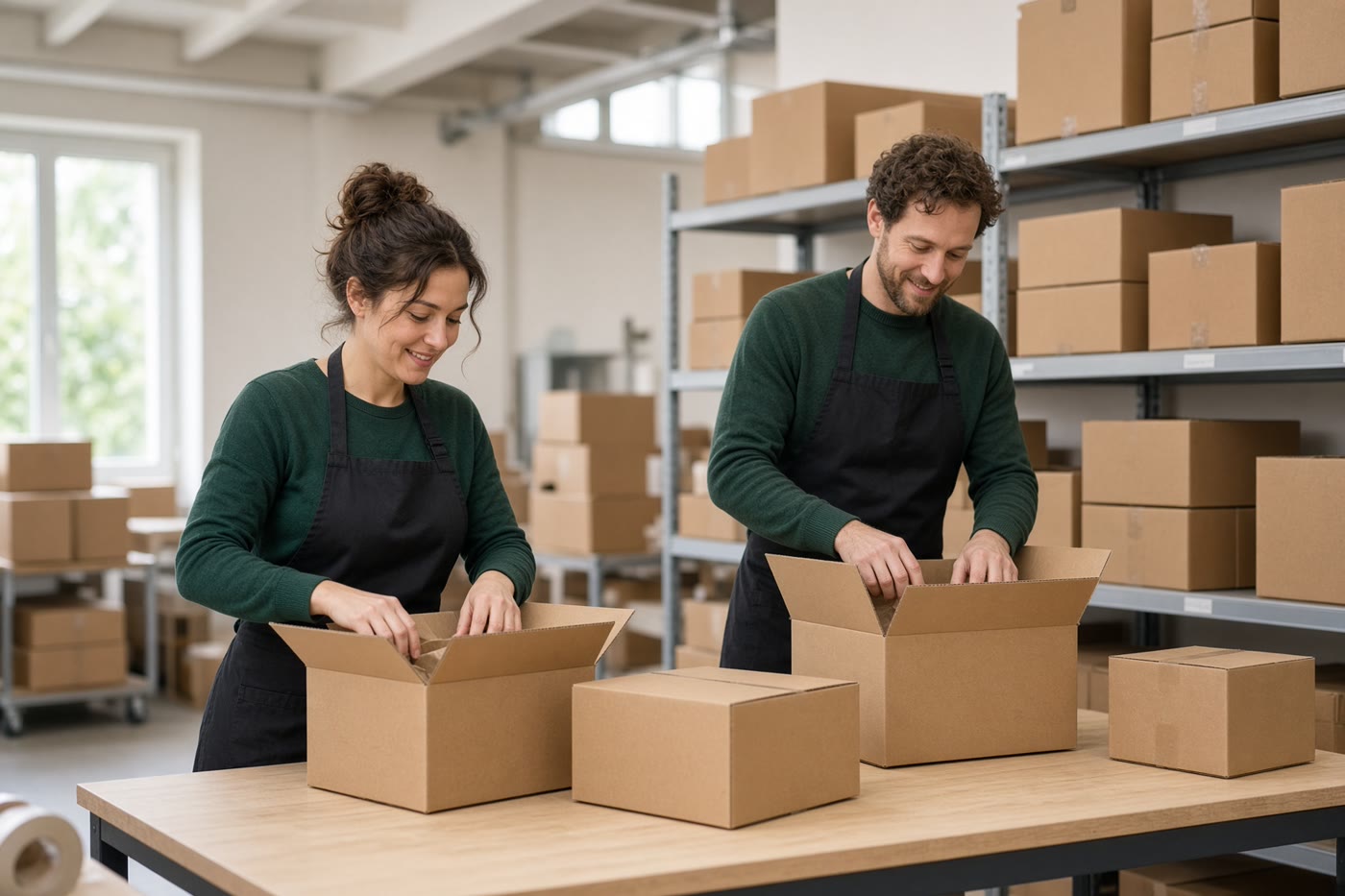 Two people packing shipping boxes in a warehouse. Temporary photograph. Not a client, testimonial, or case result.