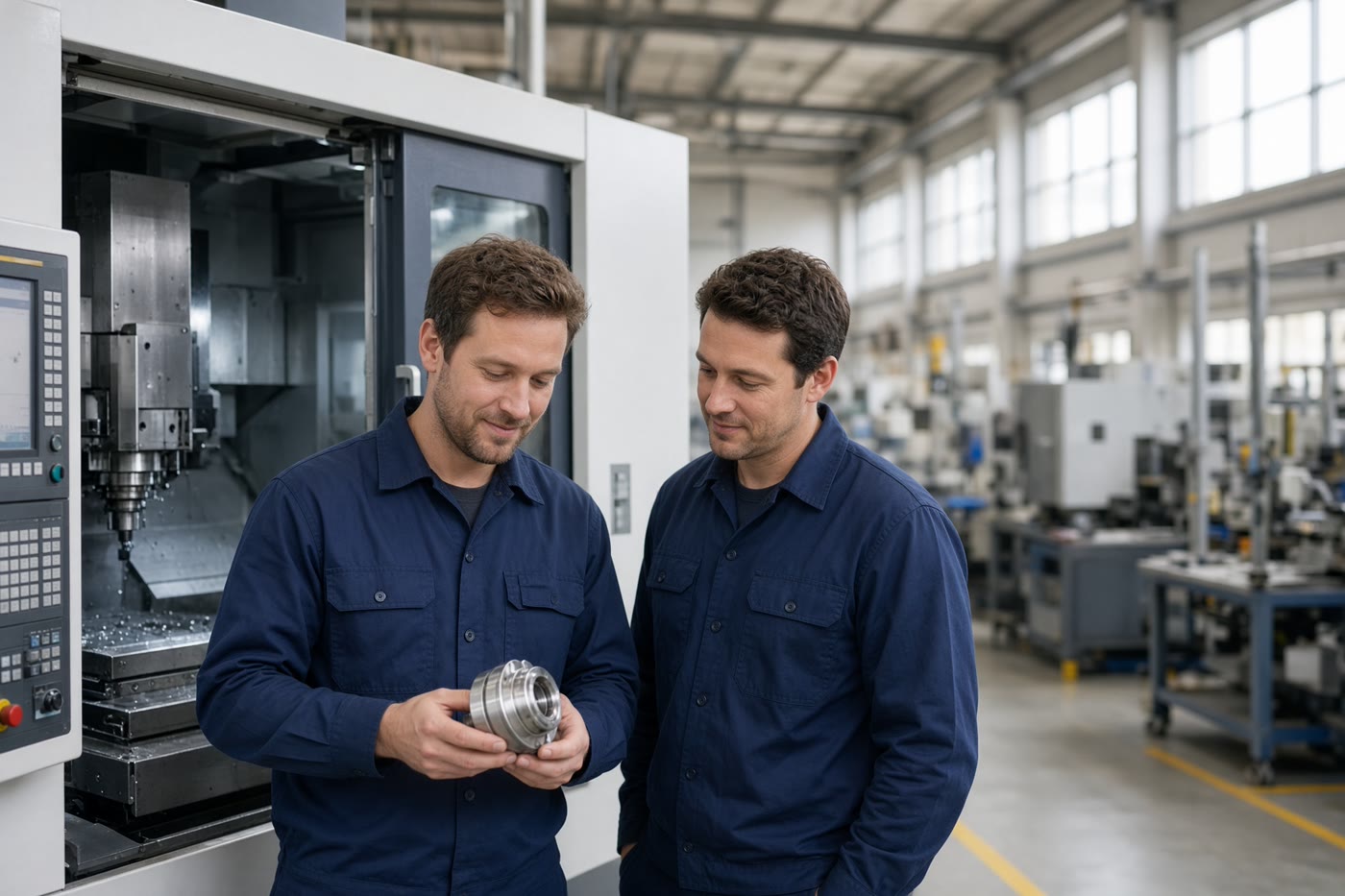 Two workers operating a machine on a factory floor. Temporary photograph. Not a client, testimonial, or case result.