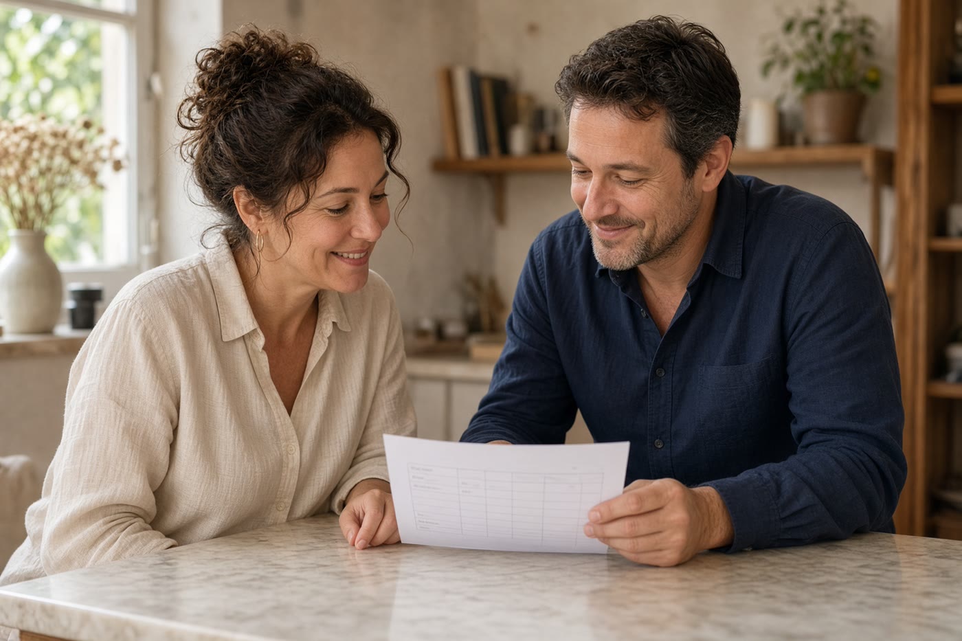 A shop owner and a bookkeeper review a payment plan. Temporary photograph. Not a client, testimonial, or case result.