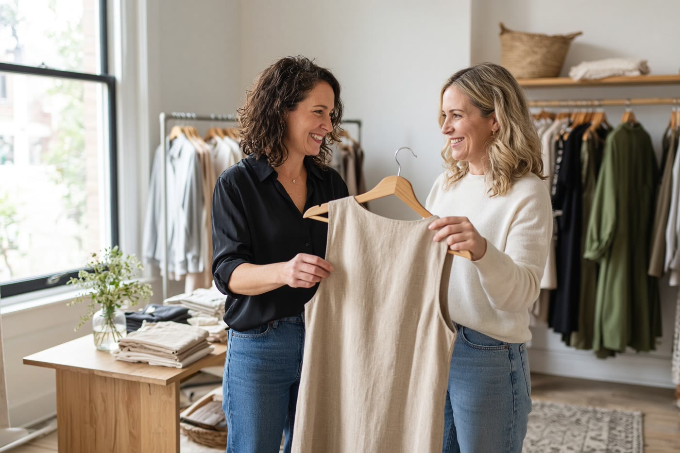 A shop owner helping a customer in a clothing boutique. Temporary photograph. Not a client, testimonial, or case result.
