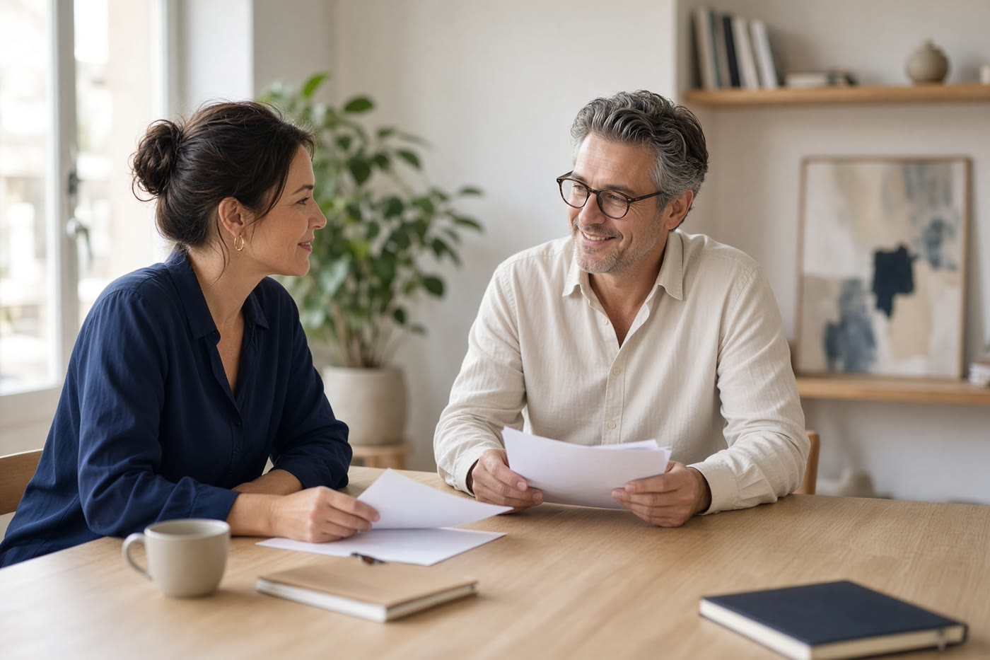 Two people review papers together at a bright desk. Temporary photograph. Not a client, testimonial, or case result.