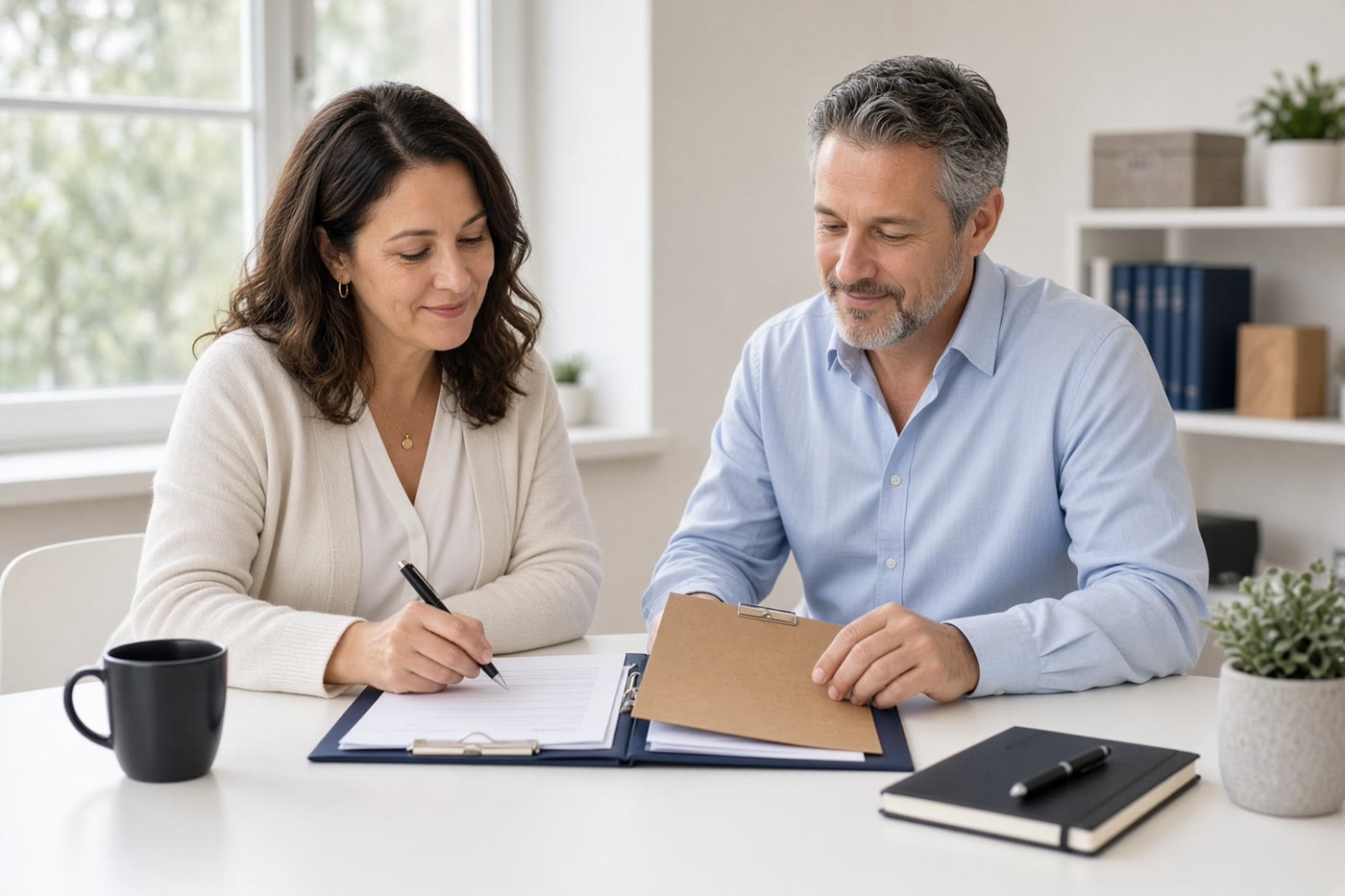 Two people finish paperwork with folders on a white desk. Temporary photograph. Not a client, testimonial, or case result.
